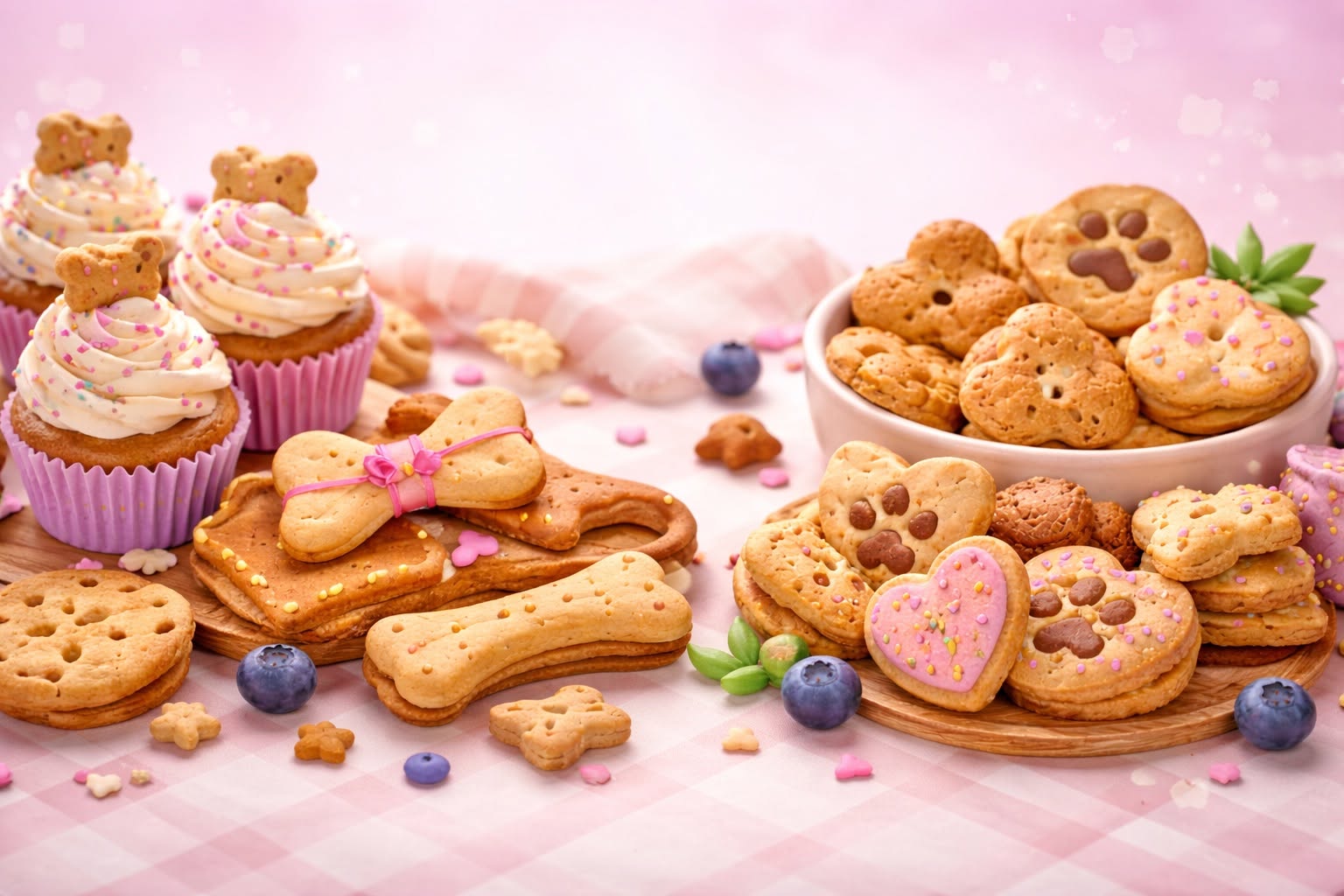 Mesa de repostería canina artesanal con pastel para perro, dognas y galletitas en Huellitas de Lola